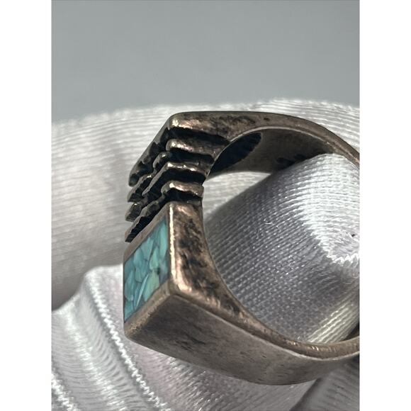 Sterling Silver 925 Tested Men Women Square Ring Blue Turquoise Inlay Size 9,75 - Picture 10 of 16